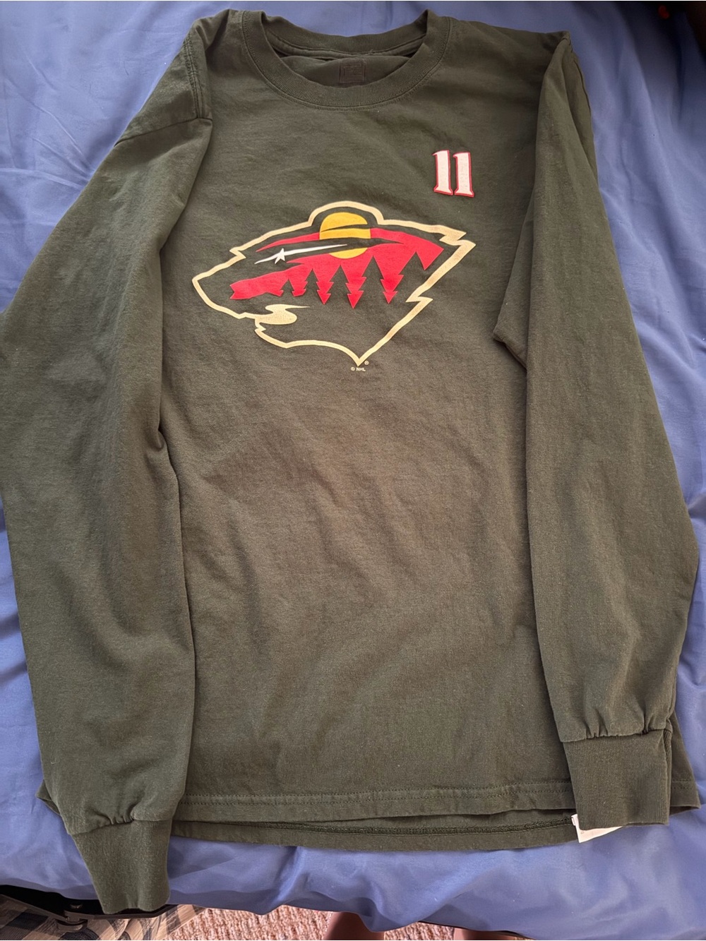 Pro Edge Olive Green Long Sleeve Graphic Tee with Red and Yellow Logo